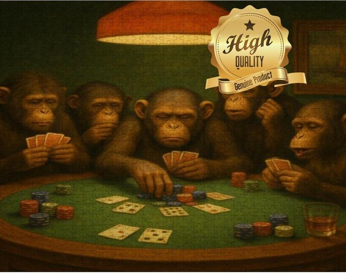 Monkeys Playing Poker Wooden Jigsaw Puzzle – Vintage Game Room Art, Precision Cut Wood