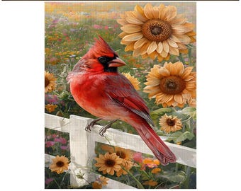 Diamond Art, Cardinal in Sunflower Field on White Fence, DIY, Diamond Painting, Full Kit, Wildflowers Field, Beautiful Peaceful Art