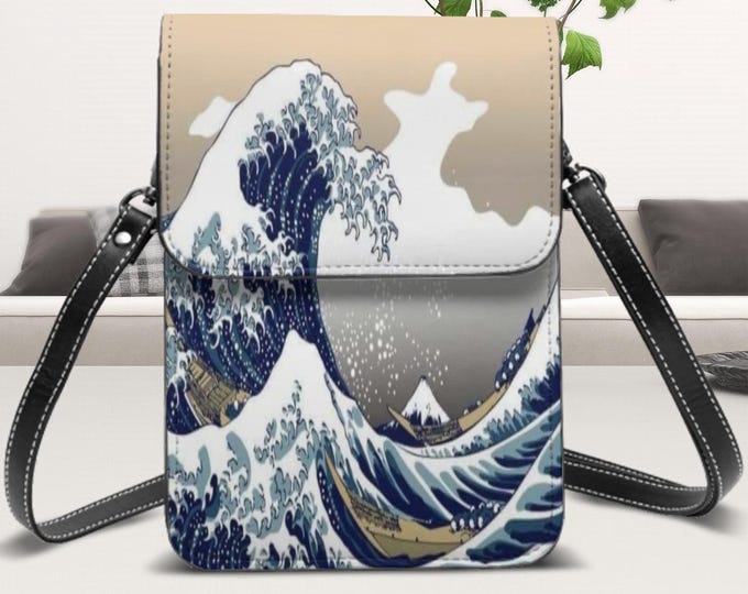 Vintage Japanese Art Design - Leather Cell Phone Purse With Adjustable Removable Strap, The Great Wave Off Kanagawa - Mount Fuji