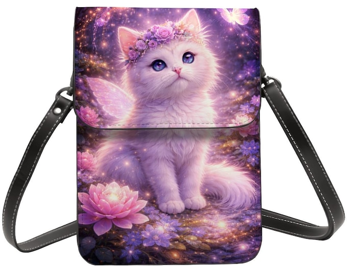 Kitten Cell Phone Purse Crossbody – Fantasy Galaxy Cat Phone Bag, Adjustable Shoulder Strap, PU Leather Mini Purse for Women