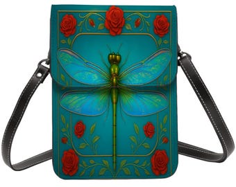 Leather Cell Phone Purse, Crossbody Shoulder Bag, Dragonfly Flower Design, Microfiber PU Leather, Phone Accessory