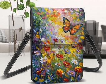 Vibrant Butterfly Garden Cell Phone Purse with Adjustable Strap and Magnetic Close