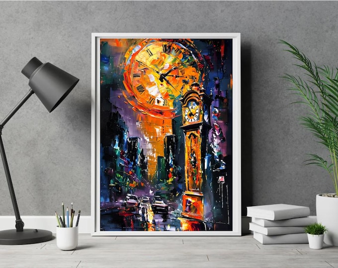 Colorful Grandfather Clock, City Art, Fine Art Posters for Home Decor, Wall Art Prints, Modern Artwork, Vibrant Gallery Style