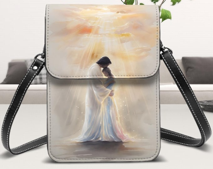 Leather Cell Phone Purse With Shoulder Strap, Heavenly Hug, Christian, Jesus