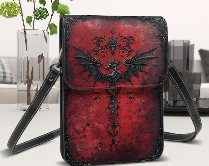 Gothic Dragon, Leather Cell Phone Purse With Shoulder Strap, Original Artwork, Framed in Design, Card Slots, Adjustable Strap