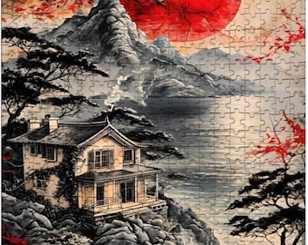 Seaside House Wooden Jigsaw Puzzle: Red Sun Lake View
