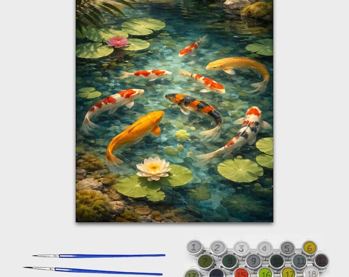 Koi Fish Paint by Number Canvas – 16x20 Koi Pond Painting Kit, Relaxing Adult Art, Japanese Inspired Wall Art, DIY Nature Décor