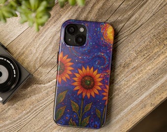 Tough Phone Cases, Sunflower Cosmic Design, Floral Phone Covers, Outer Space Phone Accessories, Bold Flower Phone Protectors