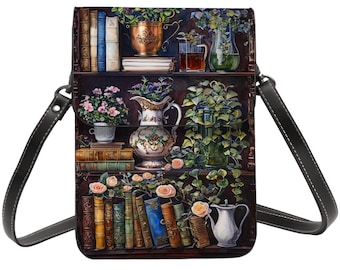 Bookshelf Art Leather Cell Phone Purse: Crossbody or Shoulder Bag with Adjustable Removable Strap