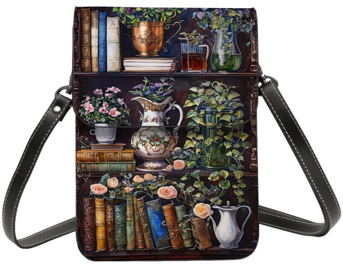 Bookshelf Art Leather Cell Phone Purse: Crossbody or Shoulder Bag with Adjustable Removable Strap