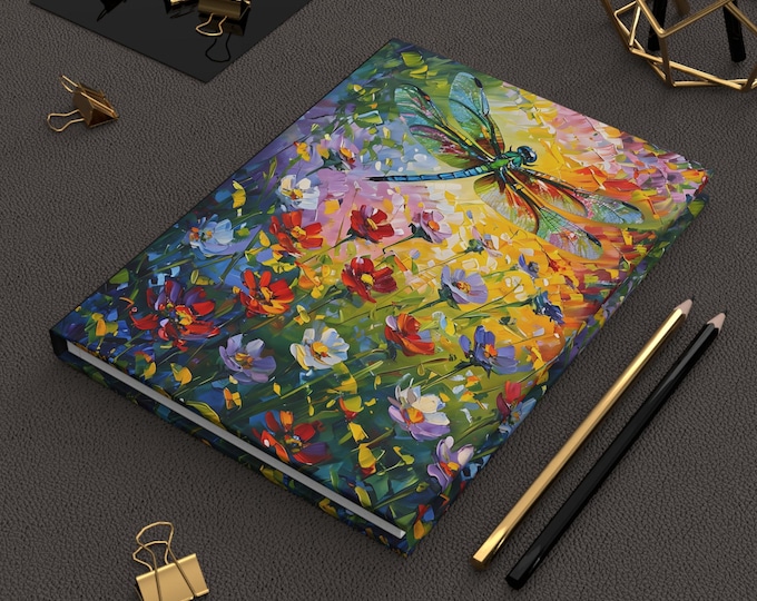 Dragonfly Hardcover Journal, Colorful Oil Painting Notebook, Flower Diary Sketchbook, Nature Art Bullet Journal, Gift for Artists