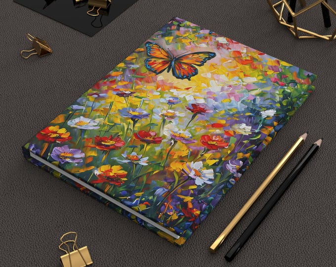 Butterfly Flower Journal, Matte Hardcover Notebook, Vibrant Colorful Oil Painting Design, Botanical Diary, Sketchbook, Gift for Artists,