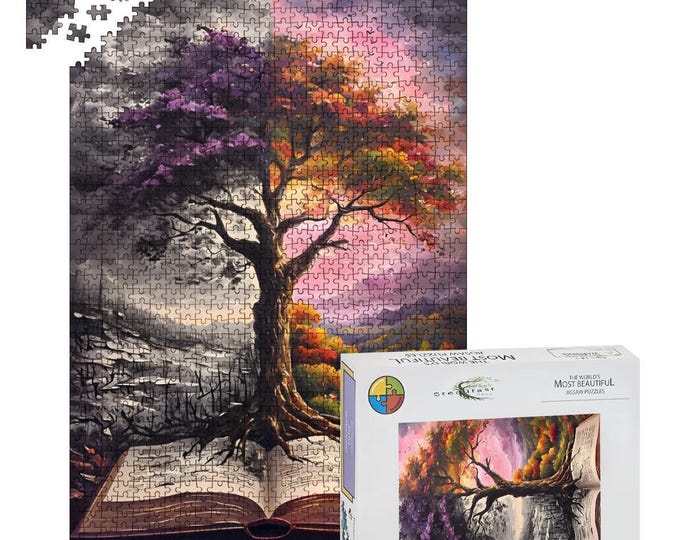 Oak Wood Jigsaw Puzzle: Colorful Tree Book Design - 500/1000 Piece