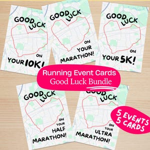 以下が含まれることがあります： 5枚のランニングイベントカードのセット。各カードには、心臓の形をしたコースマップがあり、「Good Luck」の文字と、10K、マラソン、5K、ハーフマラソン、ウルトラマラソンなどのイベント距離が表示されています。カードは白で、地図のデザインです。