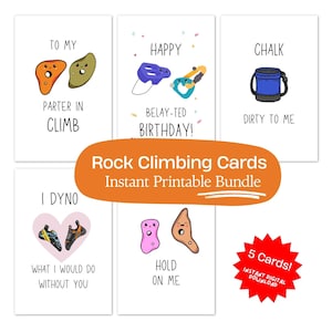Set of 5 Funny Rock Climbing Cards | Bouldering Greeting Cards for Birthdays, Anniversaries, Valentine’s Day | Digital Download PNG PDF