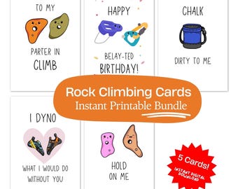 Set of 5 Funny Rock Climbing Cards | Bouldering Greeting Cards for Birthdays, Anniversaries, Valentine’s Day | Digital Download PNG PDF