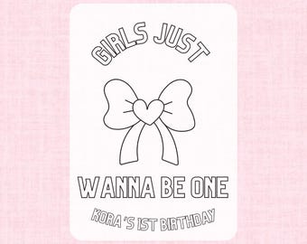 Girls Just Wanna Be One Birthday Decorations, Bow 1st Birthday Party Activity Sheet, Coquette Coloring Page, Printable Custom Editable Page