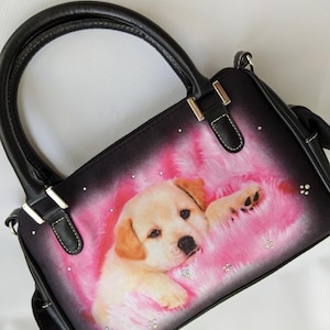 Joli sac à main vintage pour chiot avec strass de l'an 2000 pour fille - Sac à main en similicuir noir et blanc avec des touches de rose Tenue tendance