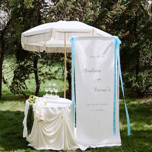 Linen Wedding Welcome Sign, Custom Engagement Party Banner with Something Blue, Outdoor Ceremony Decor, Personalized Fabric Wedding Sign