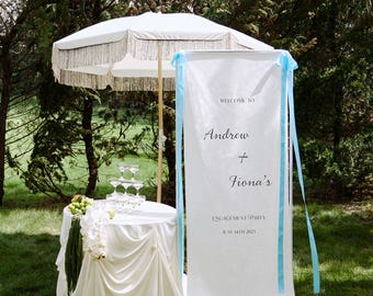Leinen Verlobung Willkommensschild, etwas Blaues Banner, benutzerdefinierte Outdoor Zeremonie Stoff, personalisiertes Dekor