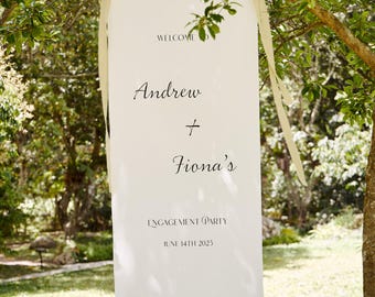 Letrero de tela para boda, letrero de bienvenida de lino, pancarta personalizada, decoración para fiesta de compromiso, letrero de boda personalizado para exteriores, decoración nupcial