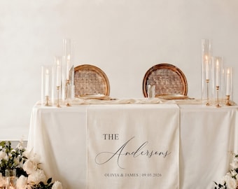 Hochzeit Tischläufer Leinen, personalisierte benutzerdefinierte Banner, Name Decor Sweetheart Empfang, elegante Stoff Zeichen