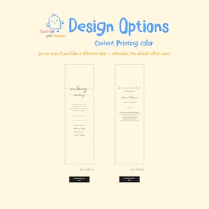 May include: Design options for memorial or wedding stationery. The image shows two vertical designs with text, including "in loving memory" and "RESERVED." The text is in black on a cream background. The Sweet Pea Heaven logo is in the upper left corner.
