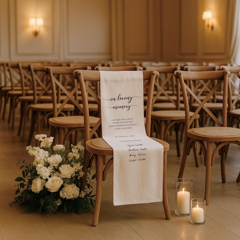 May include: A cream-colored chair sash with the words "in loving memory" in elegant script. The sash is draped over a wooden chair in a room with rows of similar chairs. A floral arrangement and lit candles are in the foreground.