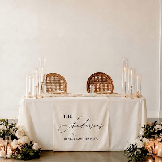 Wedding Table Runner Linen, Personalized Custom Banner, Name Decor Sweetheart Reception, Elegant Fabric Sign