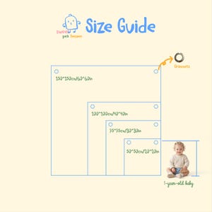 May include: A size guide graphic with the text "Size Guide" and "Sweet pea heaven". The guide shows four different square sizes: 60x60 inches, 40x40 inches, 30x30 inches, and 20x20 inches. A 1-year-old baby is shown for size comparison.