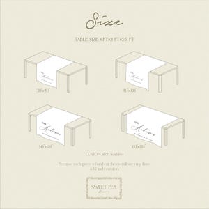 May include: Diagram of table runners with the text "The Andersons" in various sizes: 76x102 cm, 102x152 cm, 127x152 cm, and 152x203 cm. The image also includes the text "Size" and "SWEET PEA Heaven".