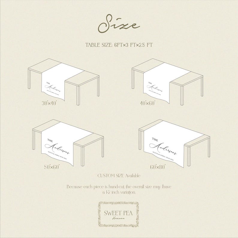 May include: Diagram of table runners with the text "The Andersons" in various sizes: 76x102 cm, 102x152 cm, 127x152 cm, and 152x203 cm. The image also includes the text "Size" and "SWEET PEA Heaven".