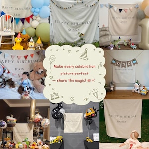 May include: A collage of birthday party decorations, including banners with "Happy Birthday" and names like Leo, Sunny, Landon, Rais, Griffin, and Hadley. Balloons, stuffed animals, and toy vehicles are also present, creating a festive atmosphere.