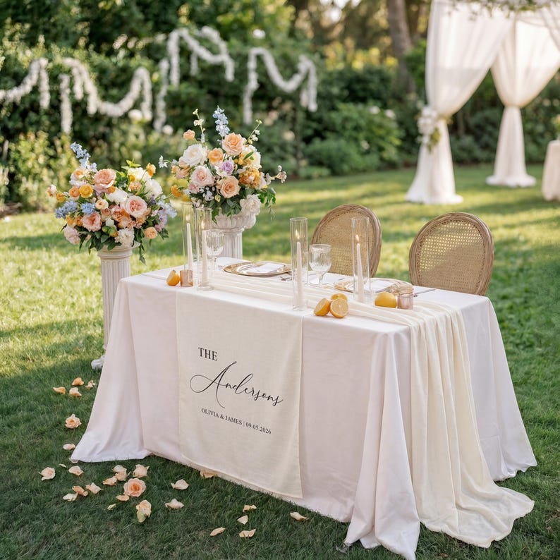 May include: A wedding reception table set outdoors with a white tablecloth, floral displays, and two wicker chairs. The table runner reads "The Andersons" with the wedding date. Tall glass candle holders and lemons are on the table.
