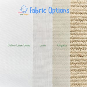 May include: Image showcasing fabric options: Cotton-Linen Blend, Linen, Organza, and a textured rope-like material. The text "Fabric Options" is displayed in blue, with the logo of "Sweet Pea Heaven" in the upper left corner. The fabrics are white, off-white, and beige.