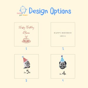 May include: A light beige image with four design options for birthday cards. The top left card says "Happy Birthday Olivia" with a cake illustration. The top right card says "Happy Birthday Amella". The bottom cards show children wearing party hats with the text "I'm 5th" and "I'm 4th".