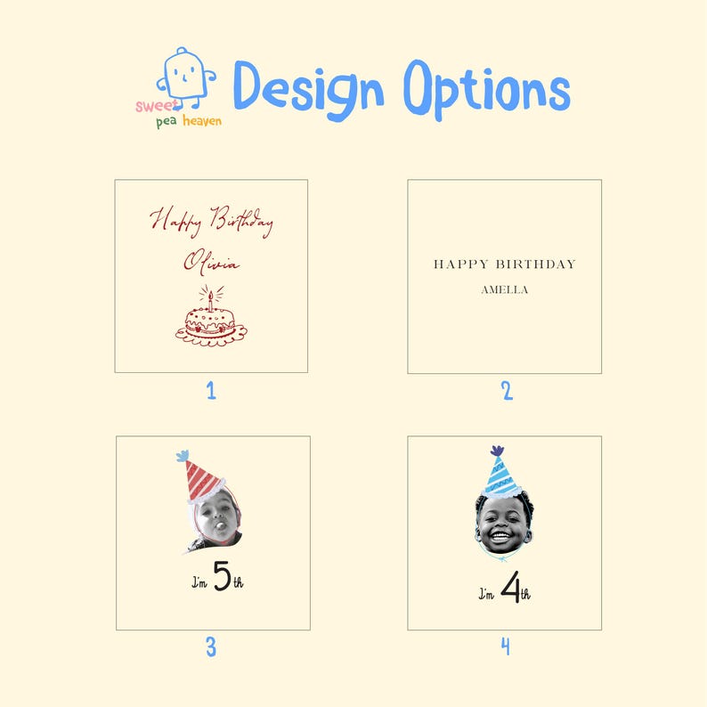 May include: A light beige image with four design options for birthday cards. The top left card says "Happy Birthday Olivia" with a cake illustration. The top right card says "Happy Birthday Amella". The bottom cards show children wearing party hats with the text "I'm 5th" and "I'm 4th".