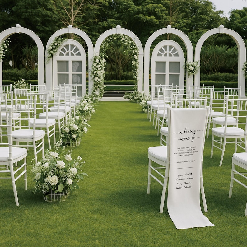 May include: An outdoor wedding ceremony setup with white chairs, floral arrangements, and decorative arches. A banner on a chair reads "in loving memory" with names and a date. The scene is set on a green lawn.