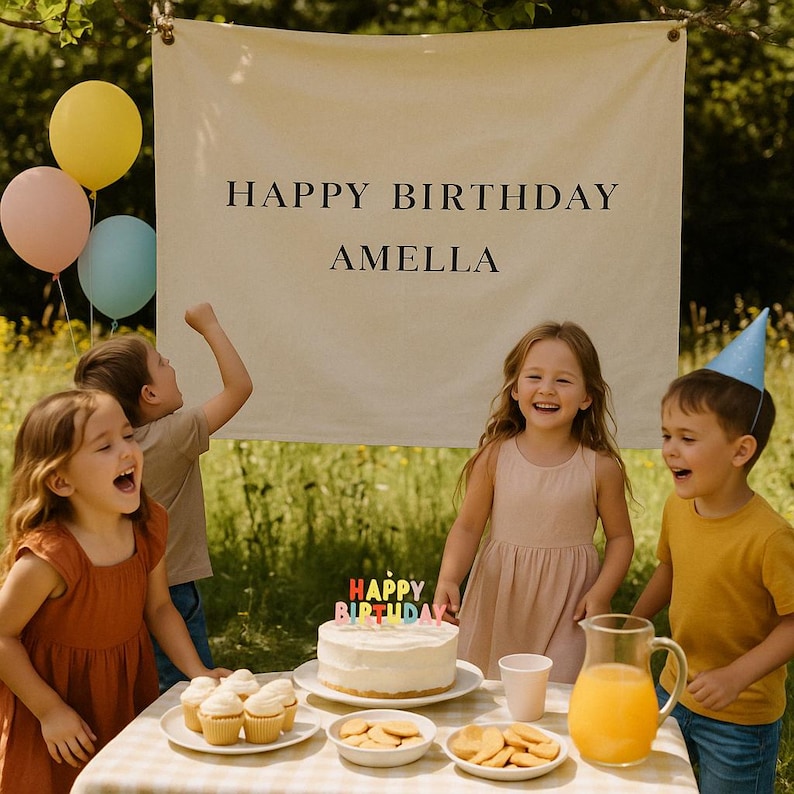 May include: A birthday celebration scene with a banner reading "HAPPY BIRTHDAY AMELLA." The image features a cake, cupcakes, cookies, and juice, surrounded by children and balloons. The children are smiling and laughing, creating a joyful atmosphere.