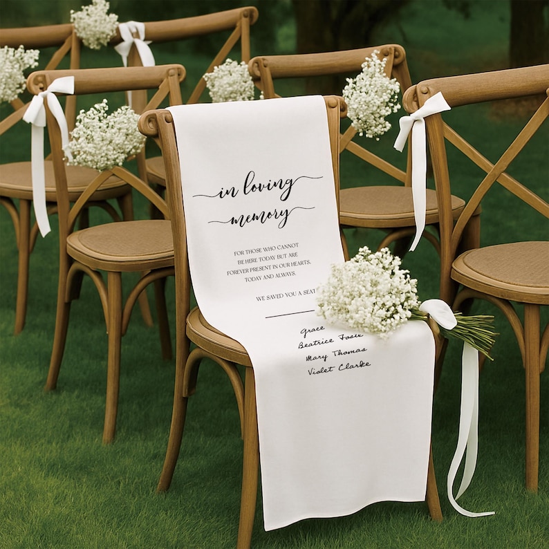 May include: Wooden chairs with white fabric draped over the backs, adorned with floral arrangements and ribbons. The fabric reads "in loving memory" with names listed below. A touching memorial for a wedding or event.