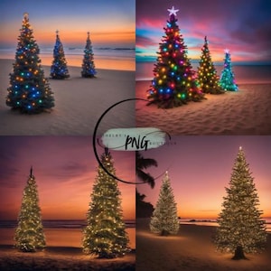 Coastal Christmas Tree Art: Beach Sunset Holiday Decor (PNG Digital Download)