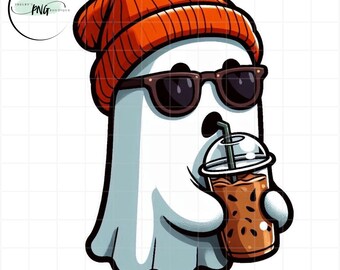 Kawaii Ghost Iced Coffee PNG: Halloween herfst clipart (digitale download)