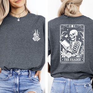 The Reader Tarot Card Front And Back Printing Shirt, Skeleton Reading T-shirt, Book Lover Gift For Women, Book Lover Tee, Tarot Card Shirt