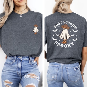 Boot Scootin&#39; Spooky T-Shirt with Free Gift Bag, Front and Back Halloween Party Tee,Cowboy Ghost,Western Halloween Shirt,Cute Spooky Graphic