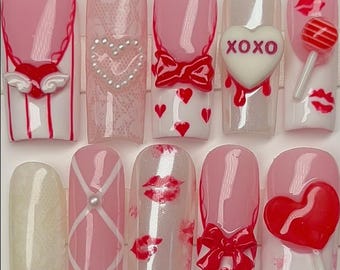 Ongles kawaii « enduits de sucre » à presser / Ongles mignons / Ongles de la Saint-Valentin / Ongles coquettes
