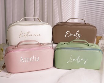 Bolsa de maquillaje grande para novia, bolsa de maquillaje bordada en cuero, regalo de Navidad para mujer, organizador de maquillaje, regalo con nombre para dama de honor, regalos para dama de honor