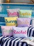 Personalized Seersucker Cosmetic Bag, Hand-Crocheted Name Makeup Pouch, Bridesmaid Travel Bag,Striped Toiletry Bag,Beach Pouch,Gift for Her