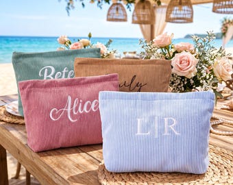 Neceser de pana personalizado, estuche de cosméticos bordado, bolsa de regalo para damas de honor, organizador de bolsa de playa de verano, regalo de cosméticos para ella.