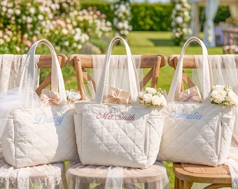 Personalized Embroidered Quilted Tote Bag, Custom Name Bridesmaid Gift, Wedding Favor