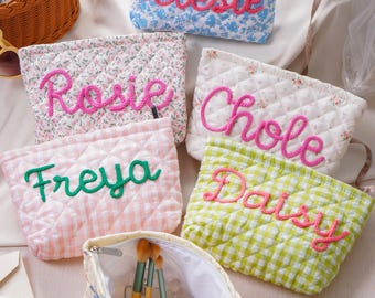 Personalized Crocheted Floral Makeup Bag,Quilted Monogram Cosmetic Pouch,Vacation Travel Pouch,Bridesmaid Gift,Women Toiletry Organizer